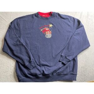 Navy Blue Snowman Catch a Falling Star Embroidered Fleece Sweatshirt 2X 90s VTG